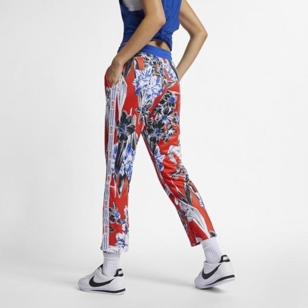 Nike Floral Track Pants Women M Red Cropped Botanical Logo Tape Streetwear Retro